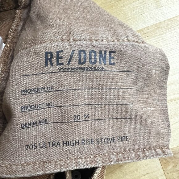 RE/DONE 70S Ultra High Rise‎ Stove Pipe Button Fly 100% Cotton Jeans Sz 24 Brown - Picture 10 of 14